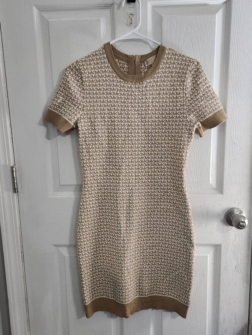 Michael Kors chic designer knit short sleeve monogram sweater dress stretch SM
